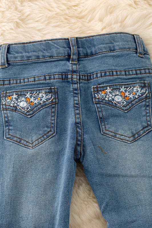 Embroidered light denim pants