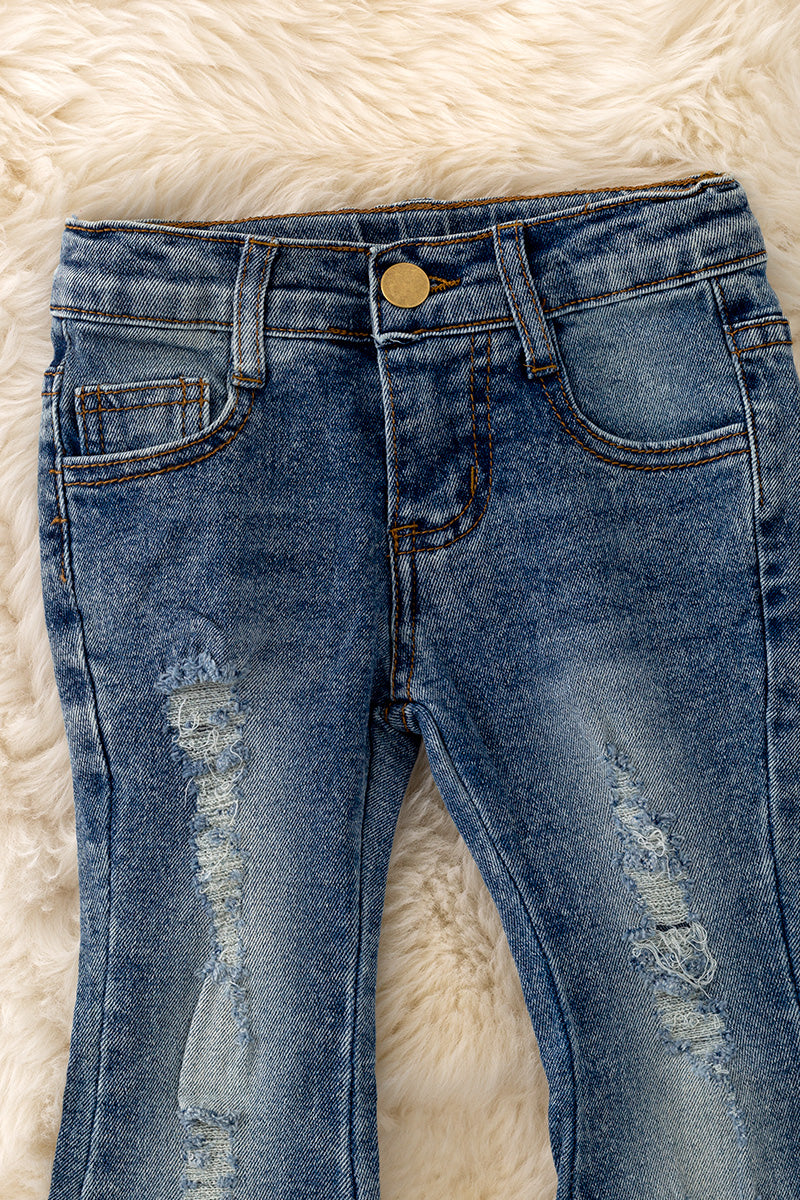 Distressed denim flare pants