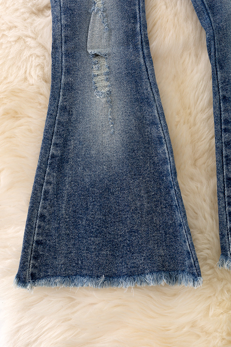 Distressed denim flare pants