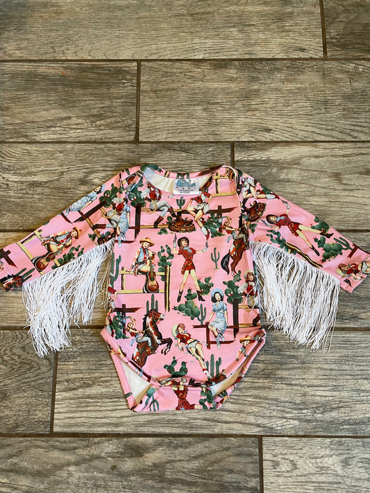 Shea baby pink onesie with fringe